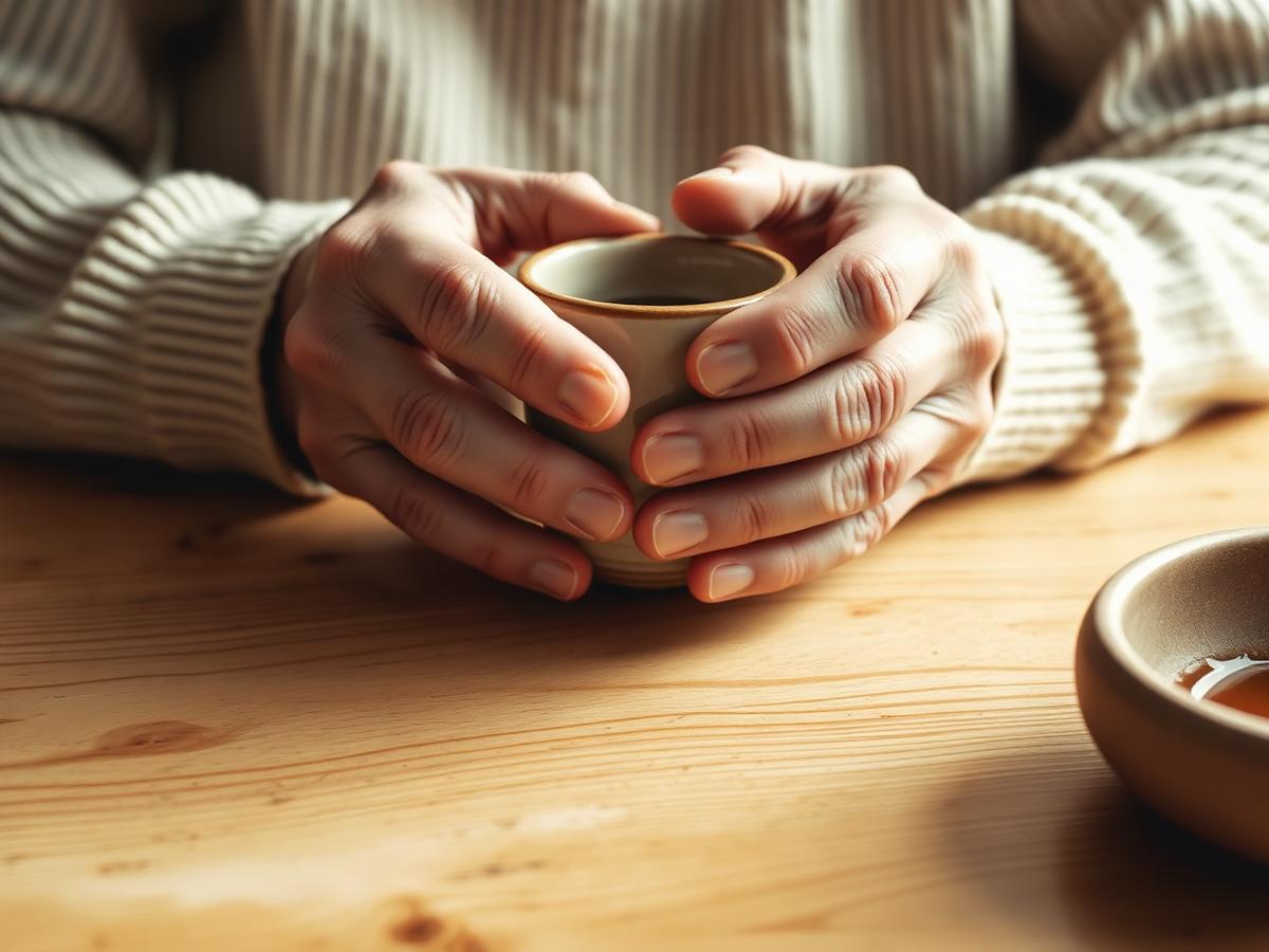 Older hands holding a coffee mug
