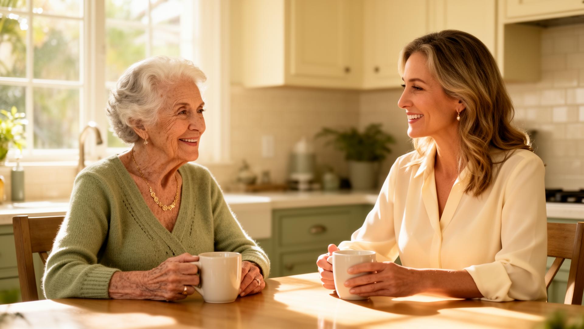 A WellKeptHomeCare steward sharing coffee at a sunlit kitchen table with an older woman.