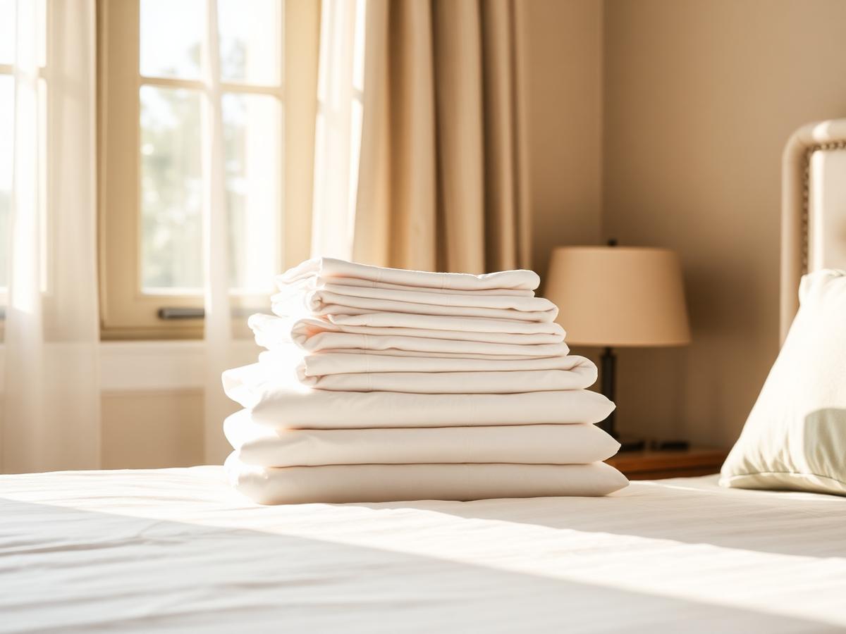 Folded fresh linens in a sunlit bedroom
